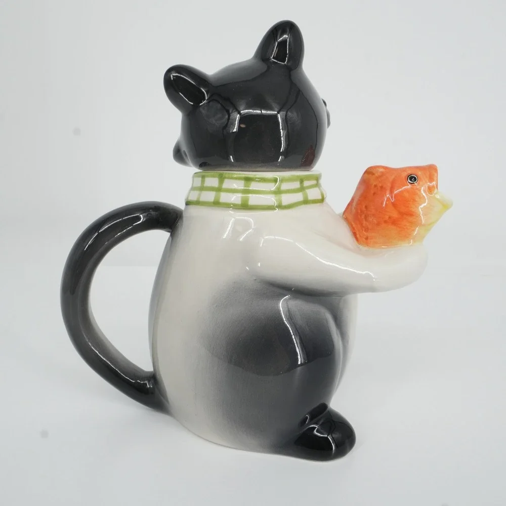 Cat Teapot Black Kitsch Whimsical Fish Spout Ceramic Tuxedo Tea Party Decor